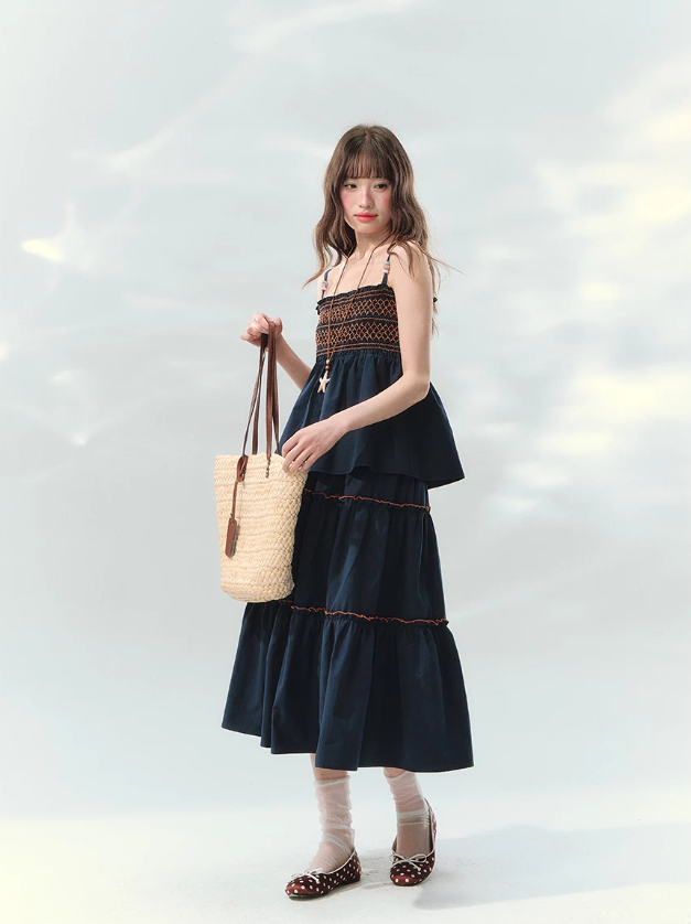 “Bohemian Travel Notes” Navy Beaded Cami & Tiered Maxi Skirt Set