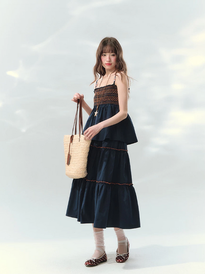 “Bohemian Travel Notes” Navy Beaded Cami & Tiered Maxi Skirt Set
