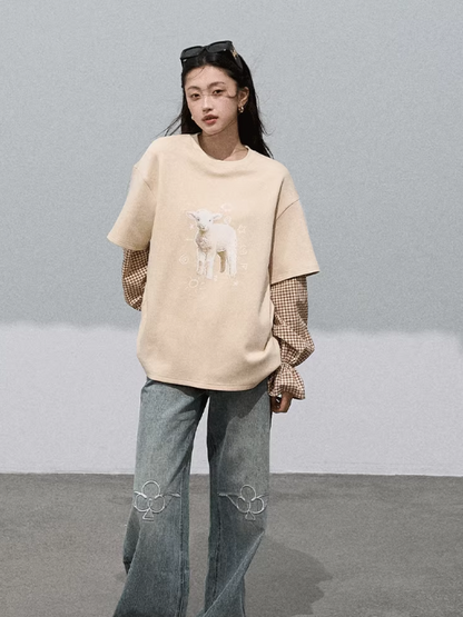 OAKMOO - "Pastoral Lamb Mood" Layered Gingham Sweatshirt – Beige Milk Tea 25Q457