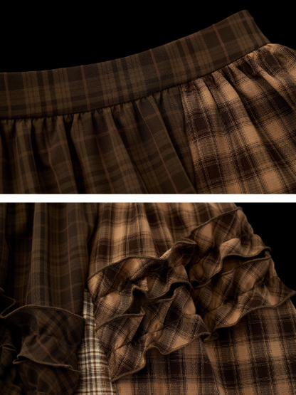 MAMC - Brown Patchwork Plaid Layered Midi Skirt WE738