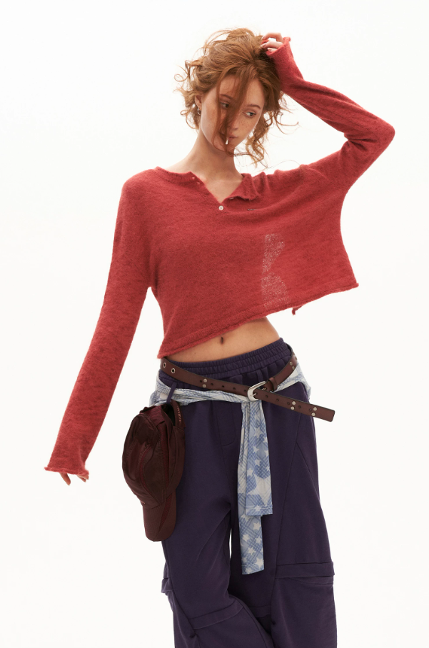 MAMC - Open-Back Mohair Blend Cropped Sweater (Red/ Black/ Blue)