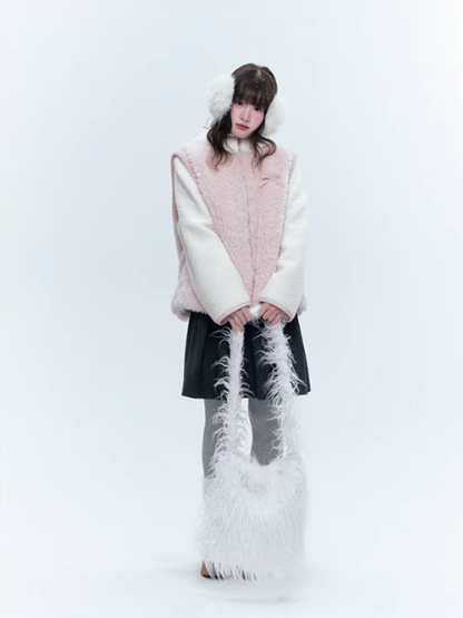 CREAMO2奶油氧气 - Pink & White Faux-Layered Teddy Padded Jacket