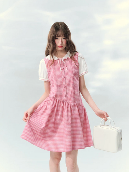 “Peach Plaid Academy” Pink Plaid Peter Pan Dress LL2026152