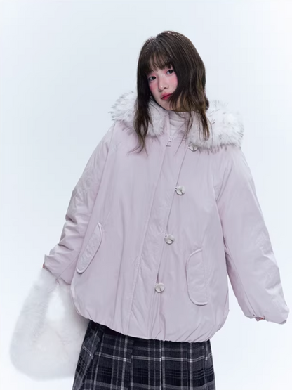 CREAMO2奶油氧气 - Soft Pink-Purple Detachable Fur Hooded Down Jacket
