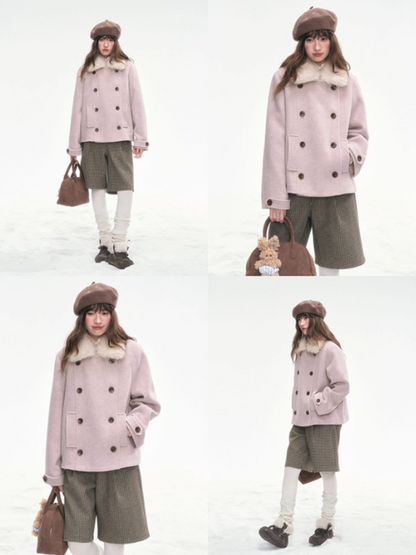 “Pink Letters” Sweet Vintage Double-Breasted Wool-Blend Coat LL2025336