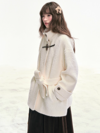 "Warm Latte Glow" Wool Duffle Coat — Belted Bouclé Design SJ2025302