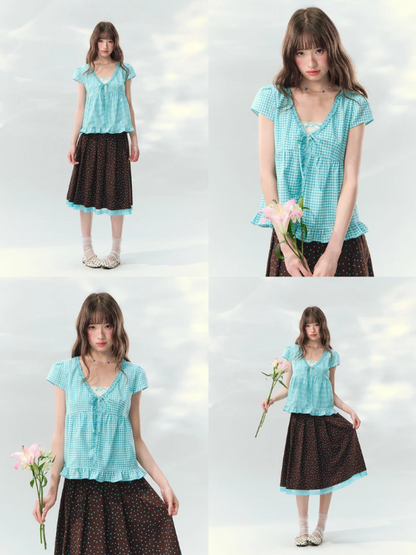 “Sea Salt Letters” Plaid Lace Layered Skirt Set  LL2026168
