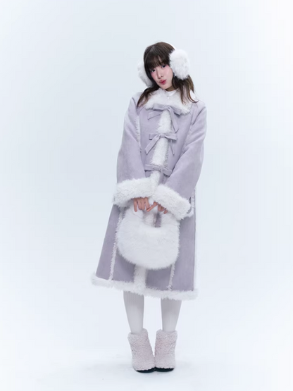 CREAMO2奶油氧气 - Taro Gray-Purple Bow-Tie Faux Suede & Teddy Midi Coat
