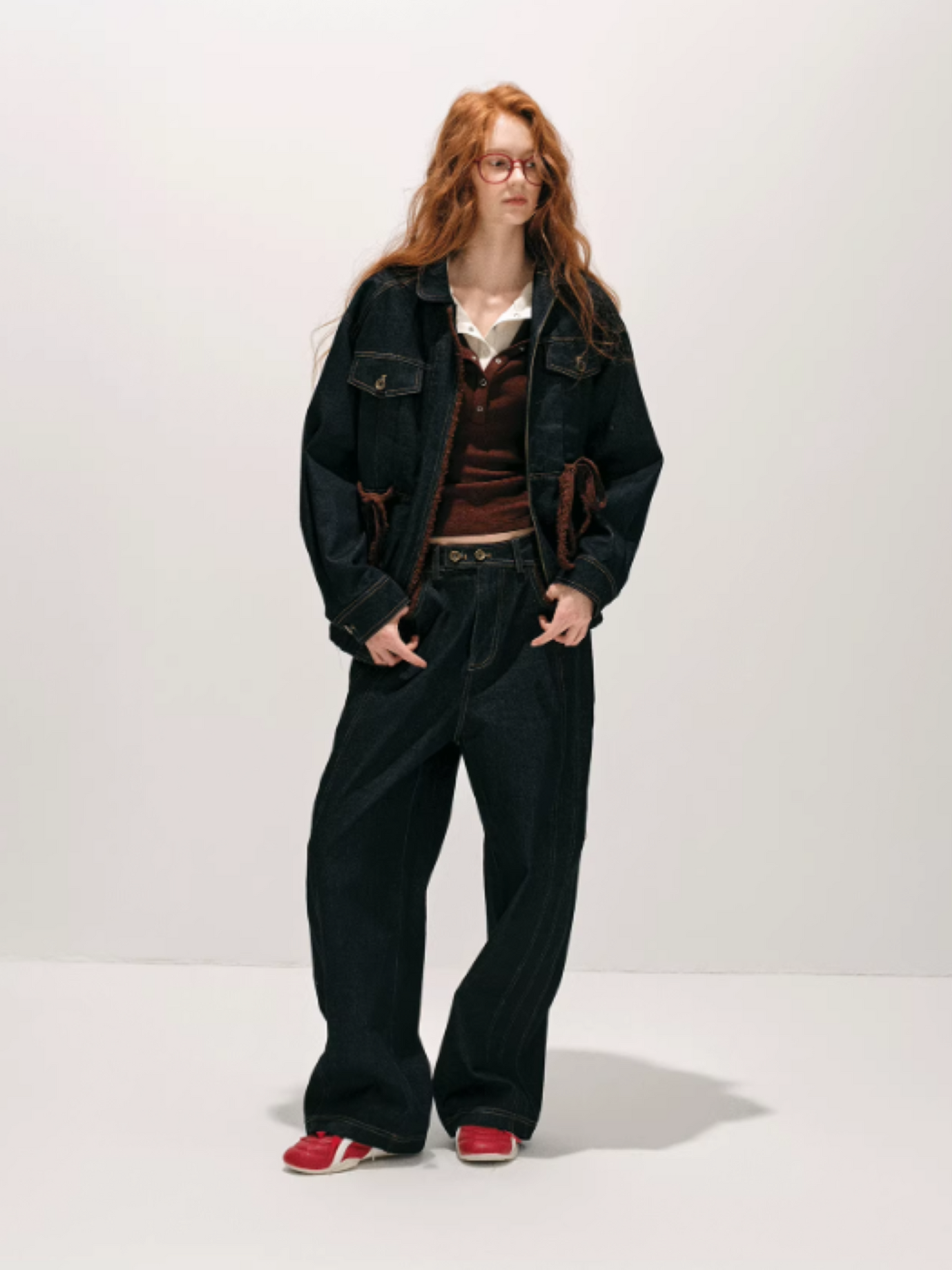 "荒野造势" Western-Inspired Suede-Panel Denim Jacket & Pants Set