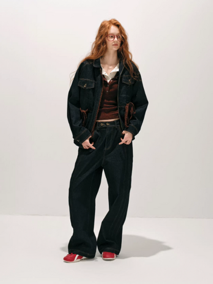 "荒野造势" Western-Inspired Suede-Panel Denim Jacket & Pants Set