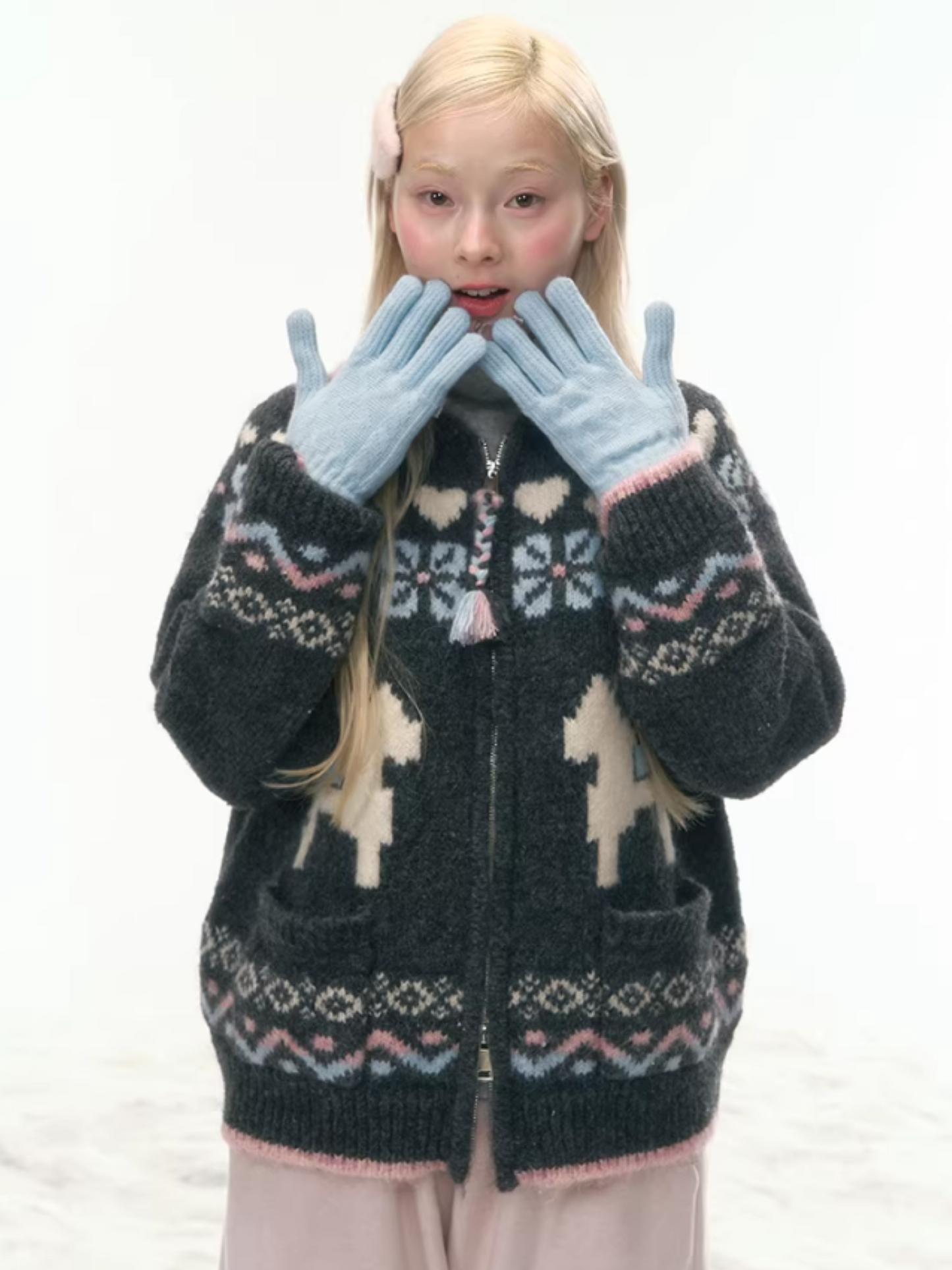 "Nordic Fairytale" Charcoal Pony Zip-Up Knit Cardigan WW2025449