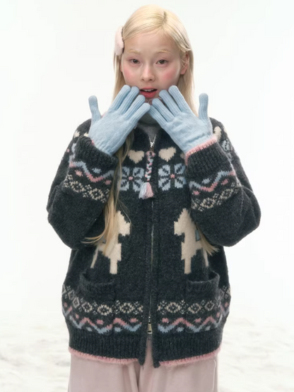 "Nordic Fairytale" Charcoal Pony Zip-Up Knit Cardigan WW2025449