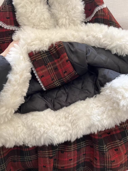 阮阮自制 - "Snowberry Dream" Plaid Cape Wool Blend Two-Piece Winter Set