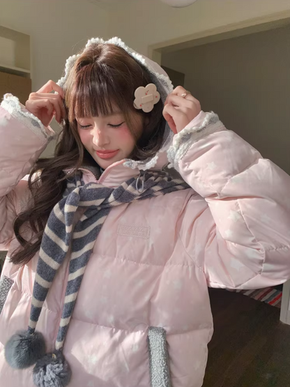 阮阮自制 - "Cherry Amber Star" Star Hooded White Duck Down Jacket