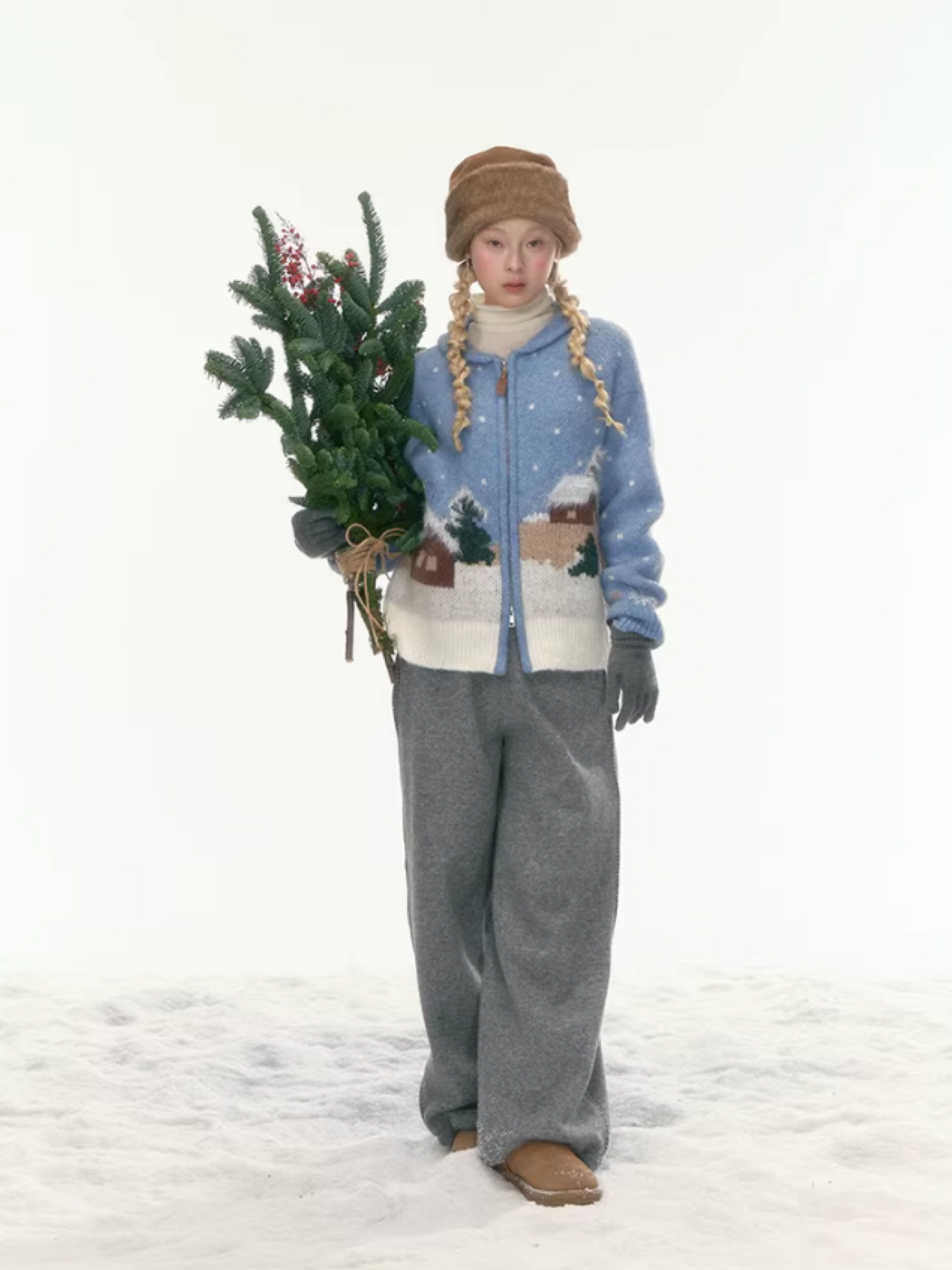"Hand-Stitched Snow Fairytale" Blue Zip-Up Knit Cardigan LL2025448