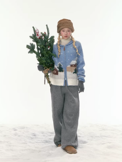 "Hand-Stitched Snow Fairytale" Blue Zip-Up Knit Cardigan LL2025448