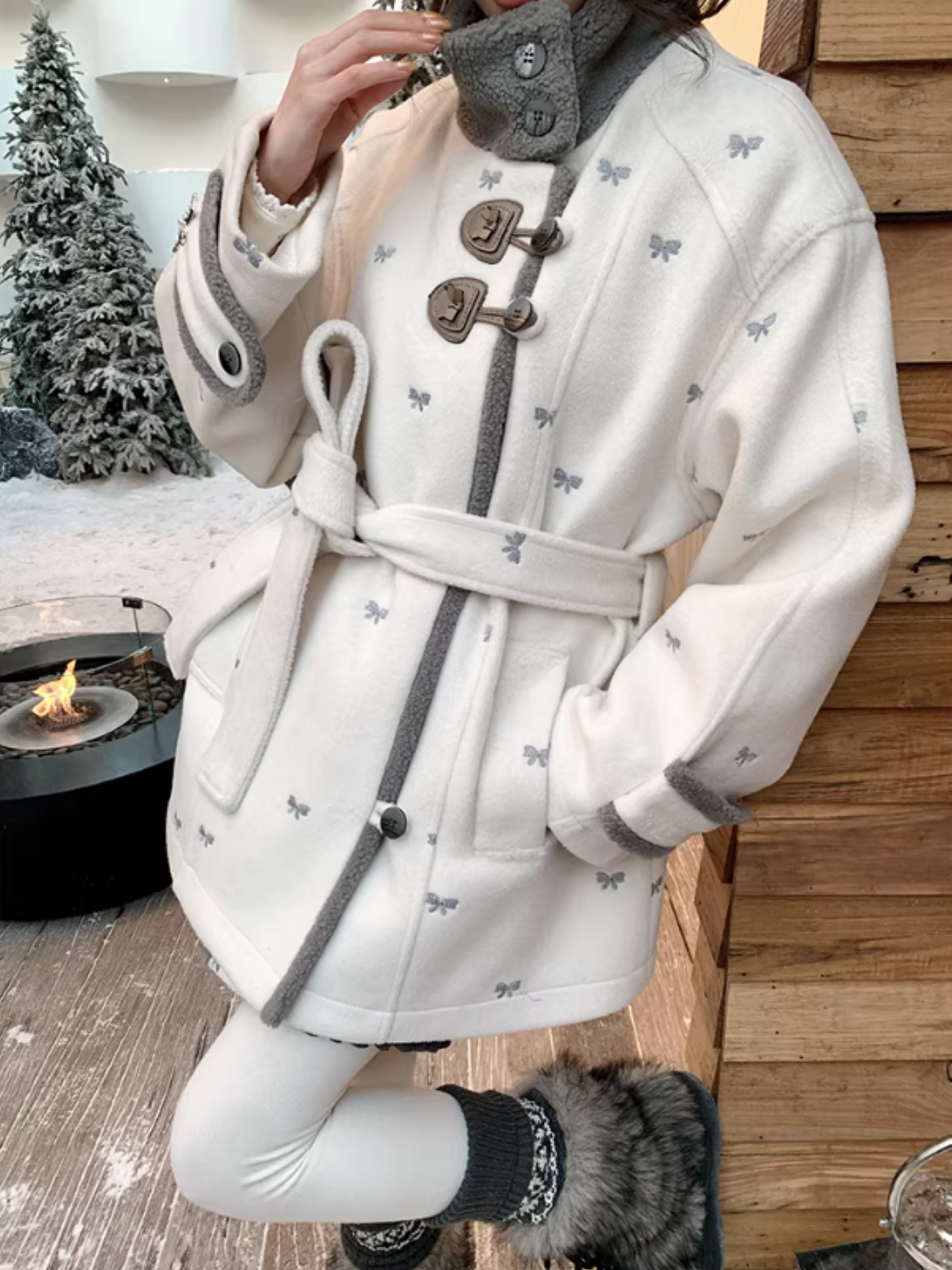 阮阮自制 - "Fog Whisper" Bow Embroidered Wool-Blend Padded Coat