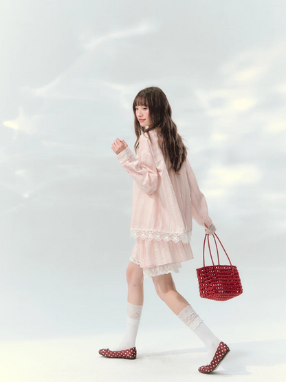“Pink Mist Love Letter” Pink Stripe Lace Skirt Set LL2026161