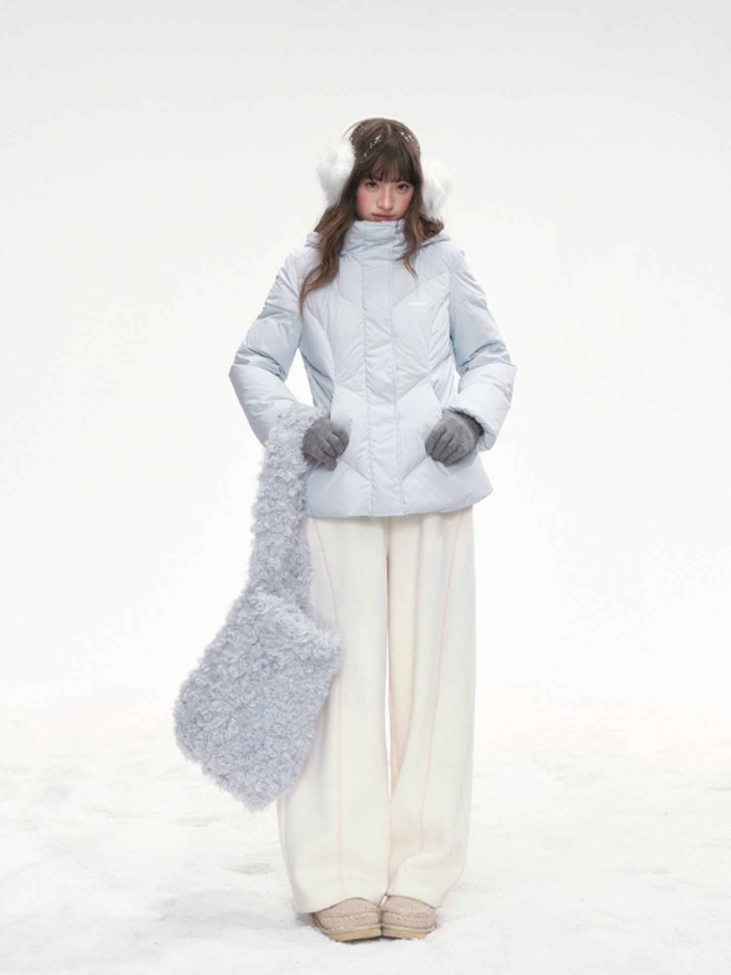 “Snowday Serenade” Powder Blue Waist-Defining Down Jacket LL2025298