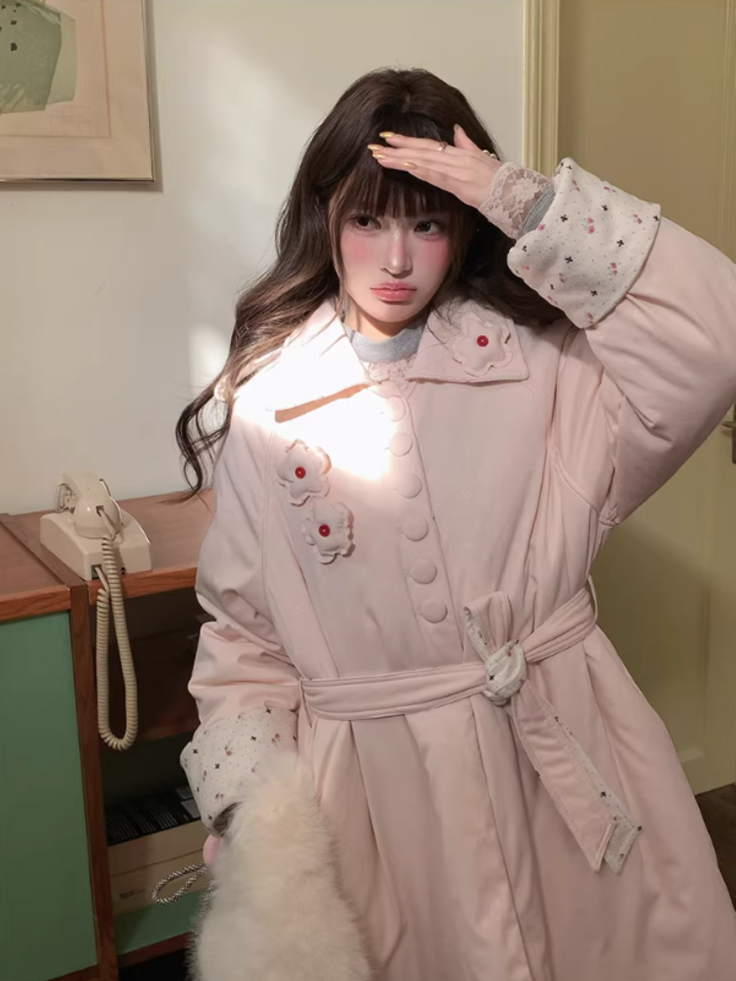 阮阮自制 - Honey Blossom Blush Floral Long Puffer Jacket
