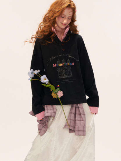 MAMC - Fake Two-Piece Buttoned Polo Sweatshirt WE823 - BLACK