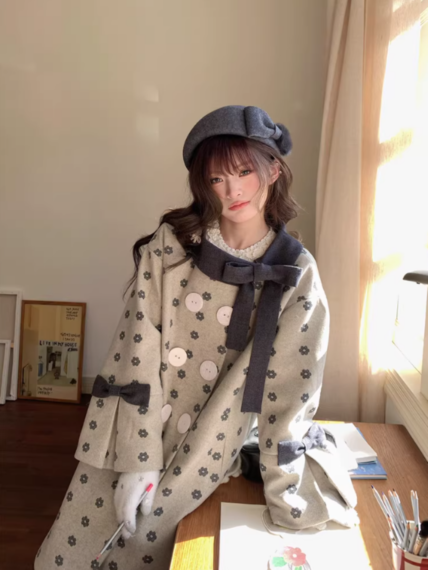 阮阮自制 - "Mild Butterfly" Bow-Embroidered Padded Wool-Blend Winter Coat