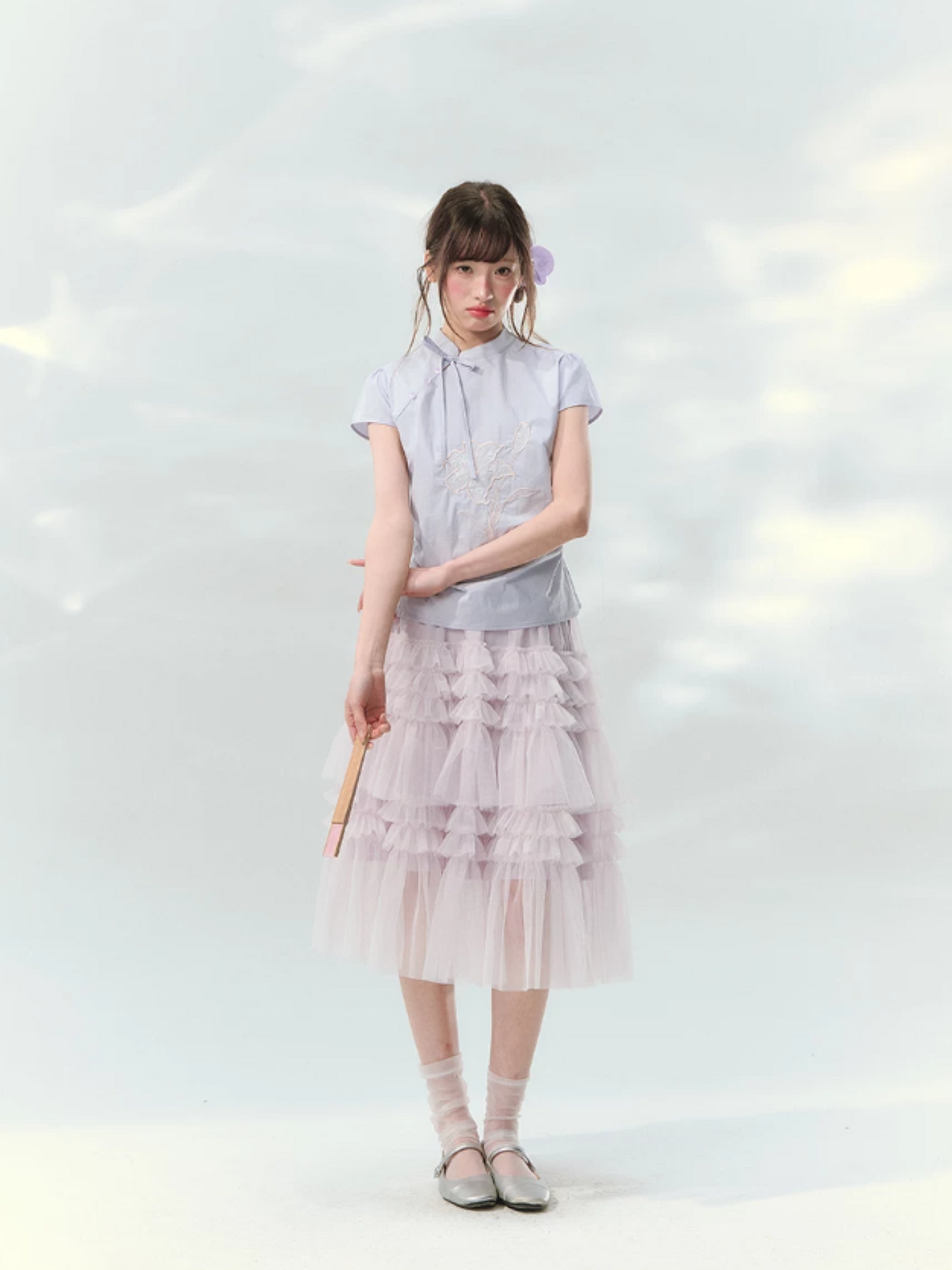 “Lilac Embroidered Whisper” Orchid Purple Mandarin Collar Blouse
