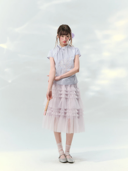 “Lilac Embroidered Whisper” Orchid Purple Mandarin Collar Blouse