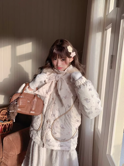 阮阮自制 - "Fluffy Pup" Bow-Detail Puppy Print Puffer Jacket