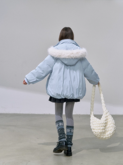 "雪境叠影" Faux Two-Piece Blue Down Jacket with 90% Duck Down & Fur Hood