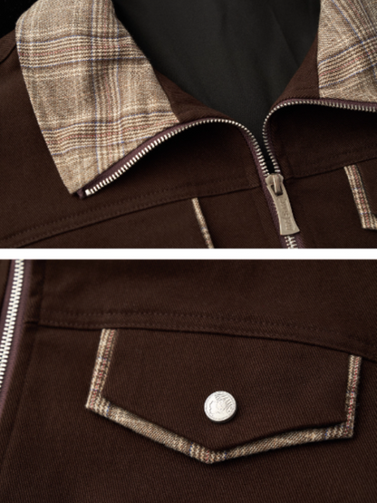MAMC - Coffee Brown Plaid Patchwork Cropped Jacket & Skirt Set