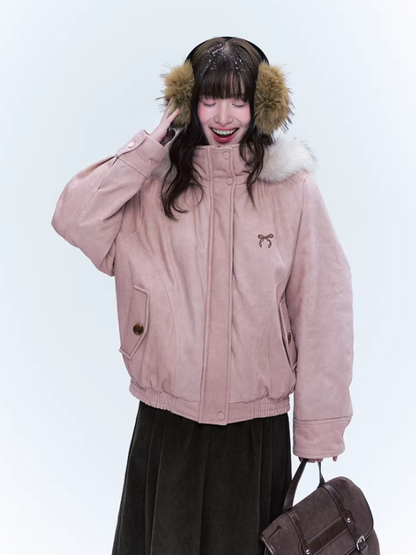 CREAMO2奶油氧气 - Misty Pink Sweet-Cool Detachable Fur-Trim Hooded Puffer Jacket