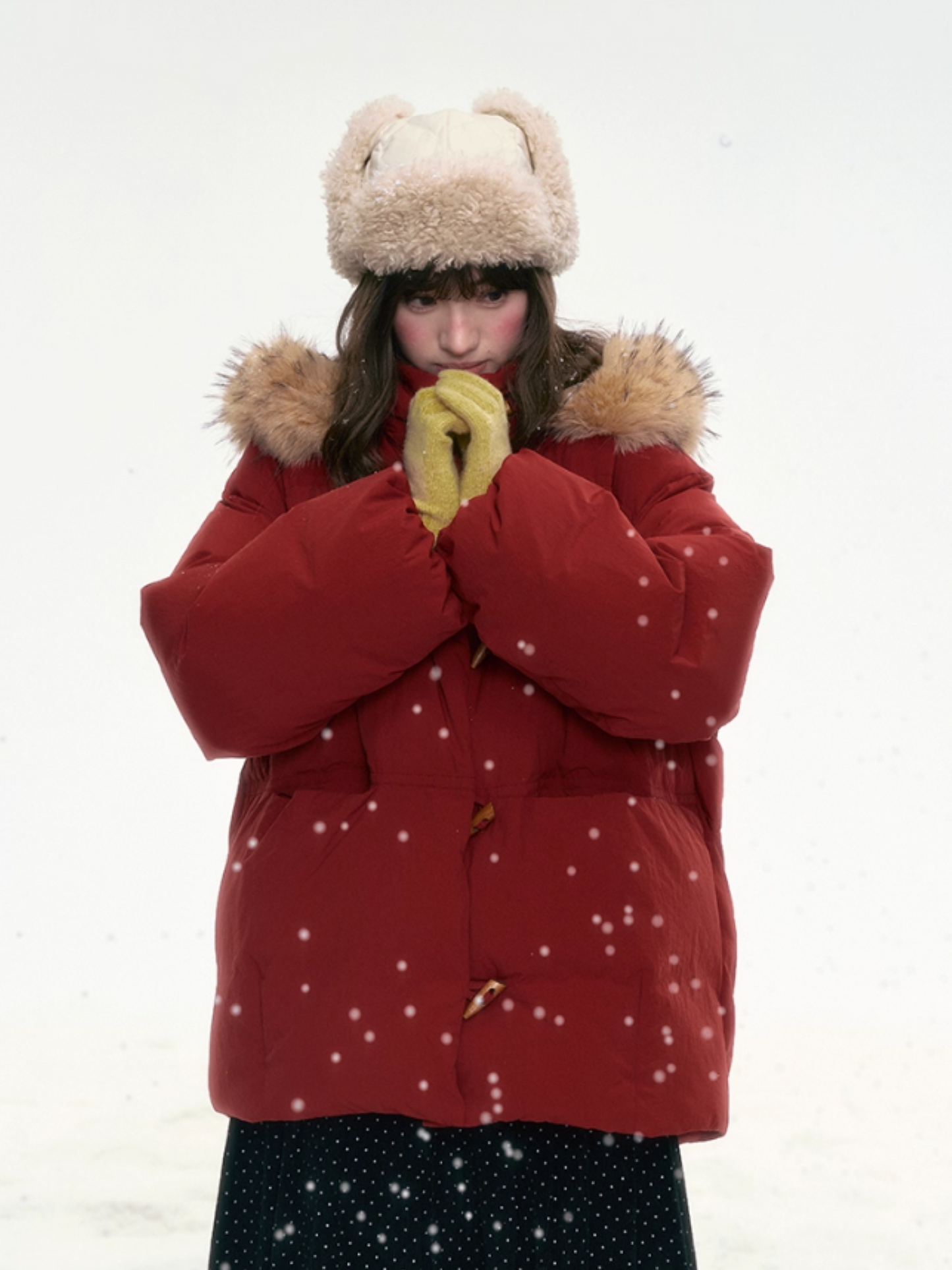 “Redwood Reverie” Festive Red Duffle-Hood Down Jacket LL2025317