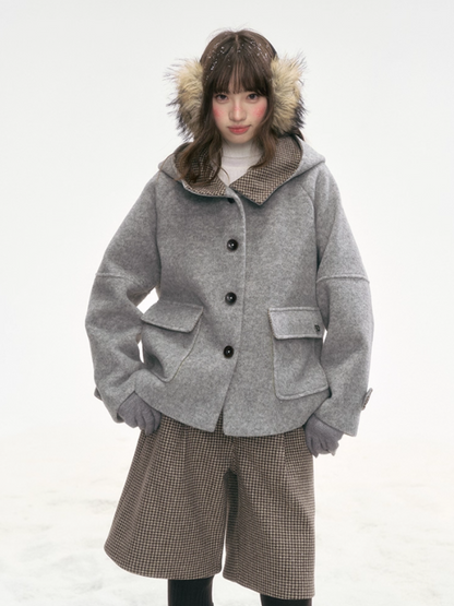 "Ash Mist Soft Wool" Two-Piece Set – Gray Coat & Plaid Shorts LL2025318