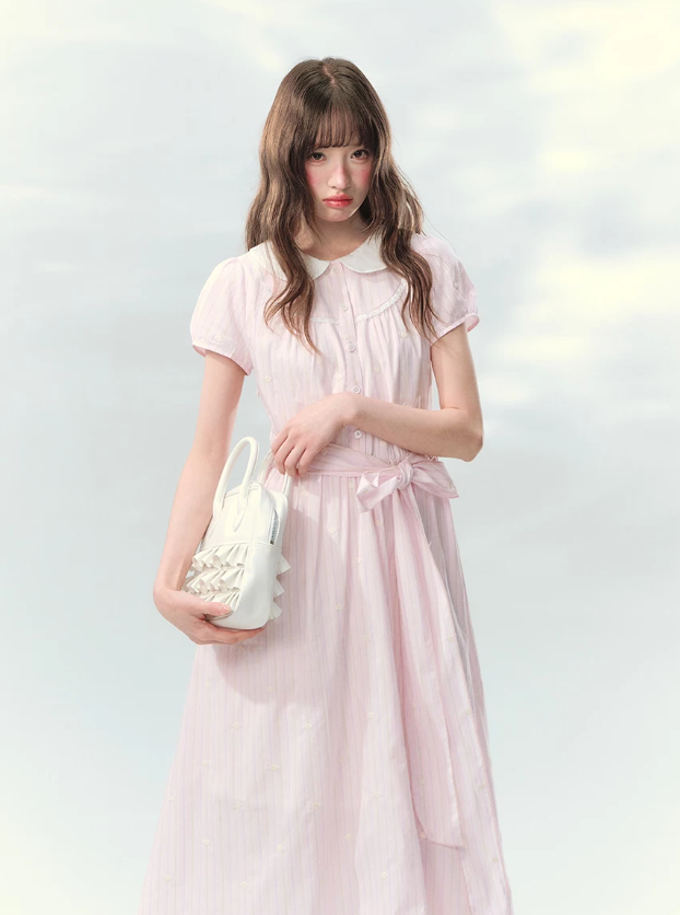 “Pink Mist Soufflé” Blush Pink Embroidered Doll Collar Dress