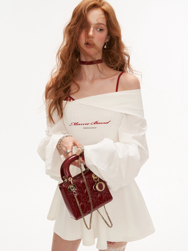 MAMC - White Patchwork Lantern Sleeve Off-Shoulder Dress WE508