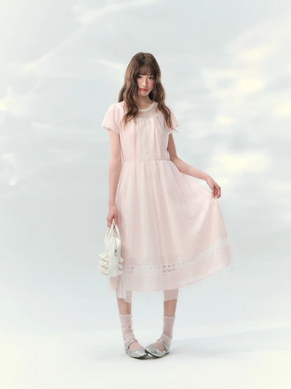 “Peach Bubble Romance” Pink Polka Dot Lace Midi Dress