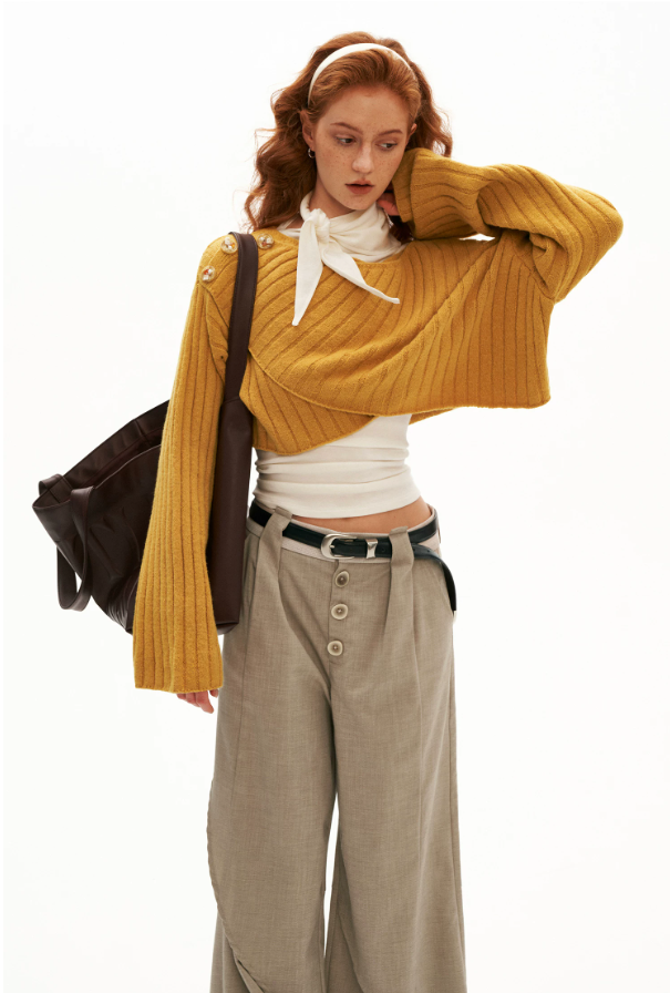 MAMC - Soft Recycled Airy Knit Cross-Neck Sweater (Red / Yellow / Ivory)
