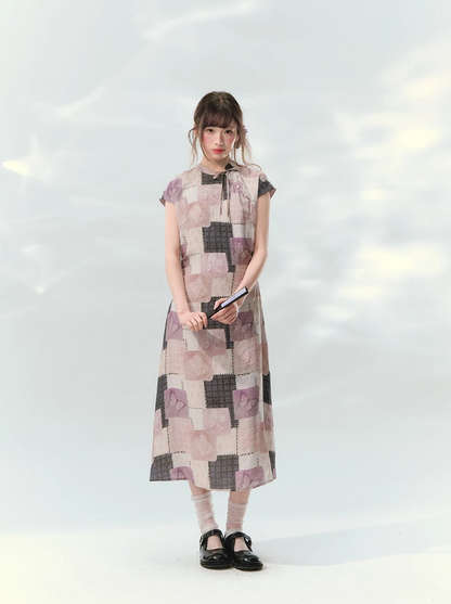 “Wisteria Poetry” Purple Patchwork Print Cheongsam Dress