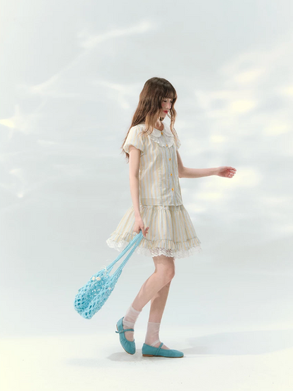 “Spring Lemon Breeze” Milk Blue Striped Shirt & Tiered Mini Skirt Set