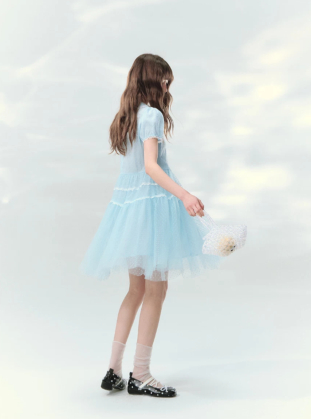 “Ice Blue Polka Dream” Blue Polka Dot Tiered Mini Dress