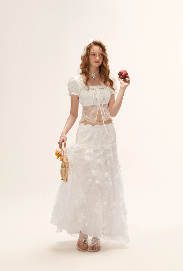 "French Lace Mood" Square Neck Puff Sleeve Top WE953