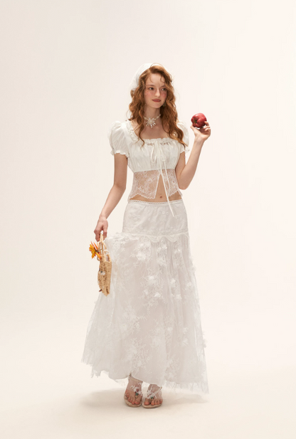"French Lace Mood" Square Neck Puff Sleeve Top WE953