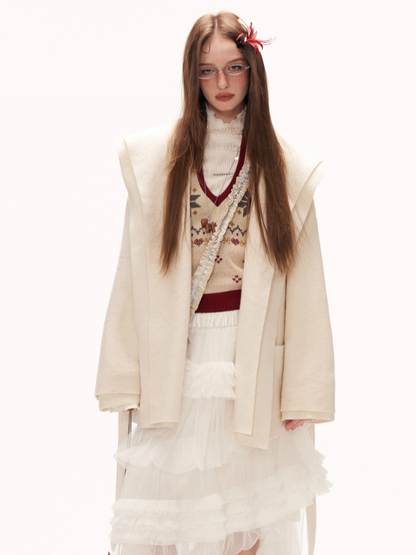 MAMC - White Double-Hood Wool Blend Tie Coat WE896