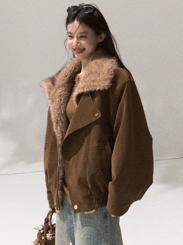 OAKMOO/ Slate Brown Faux Leather Jacket with Gradient Faux Fur Collar