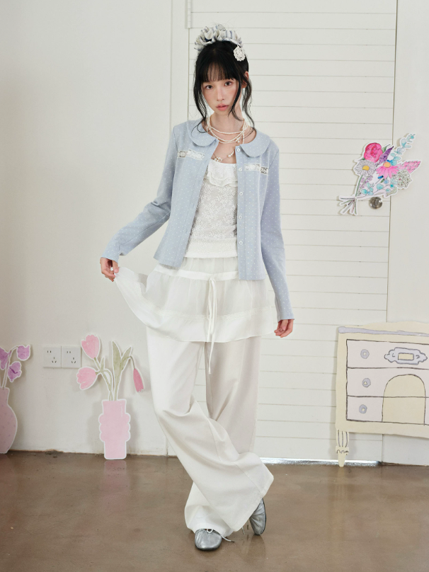 DAILY ARTIST - Light Blue Polka-Dot Peter Pan Collar Cardigan & Lace Cami Set
