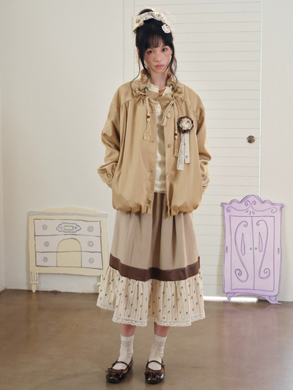 DAILY ARTIST - Cream Beige Henley Bubble Gauze Lace-Trim Top