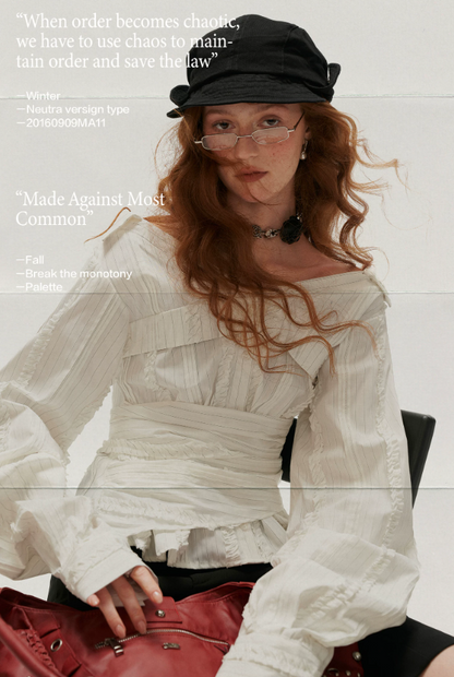 MAMC - White French-Inspired Ruffle Off-Shoulder Waist-Tie Blouse