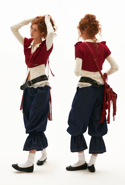 MAMC - Layered Muse V-Neck Knit Top (Red / Black)