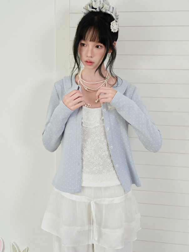 DAILY ARTIST - Light Blue Polka-Dot Peter Pan Collar Cardigan & Lace Cami Set